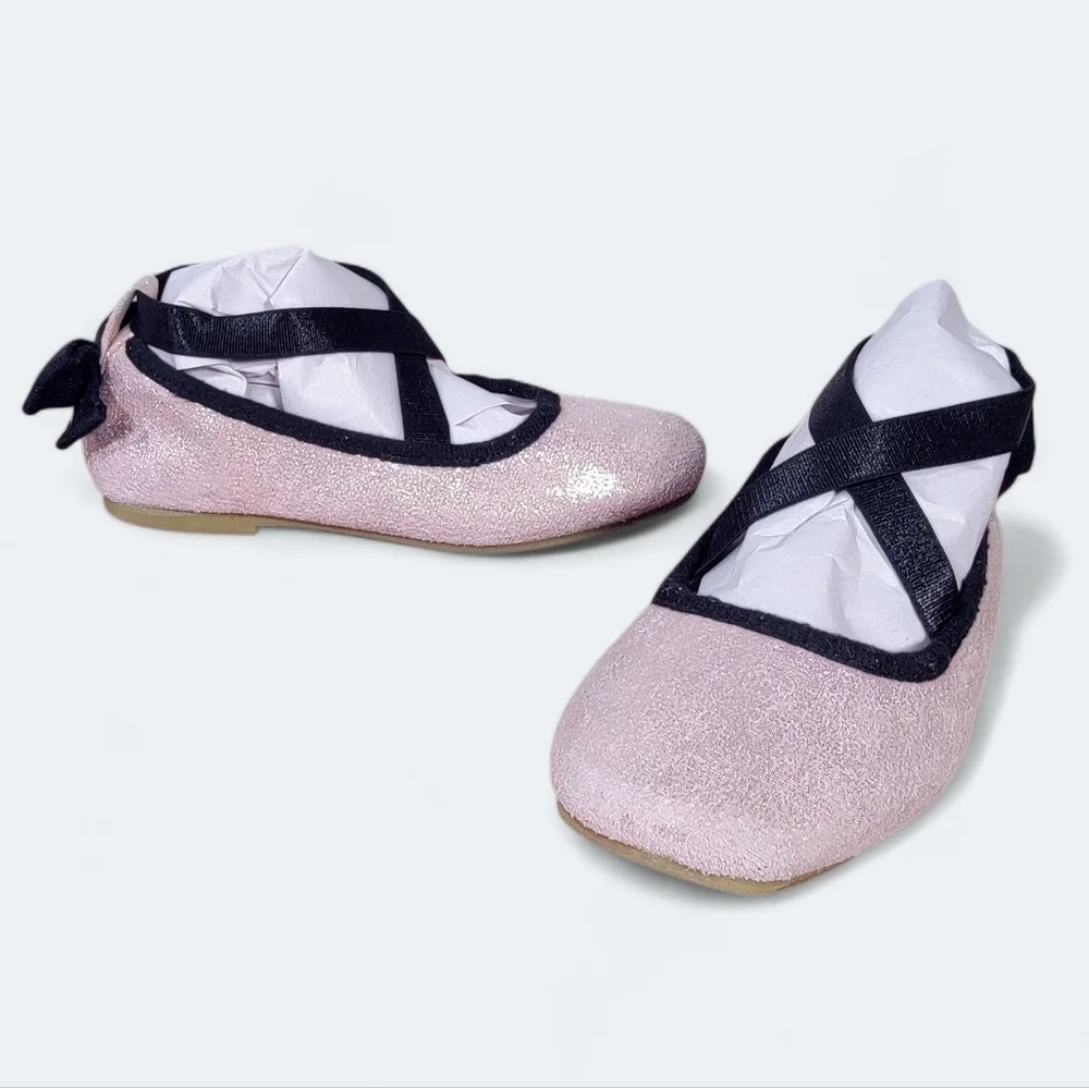 Cat & Jack Pink Shimmer Ballet Flats Girls Size 8 Criss Cross Top Back Bow